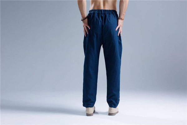 Men Casual Pure Color Cotton and Linen Straight Type Leg Opening Buckle Pants