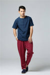 Men Casual Pure Color Cotton and Linen Straight Type Cropped Pants