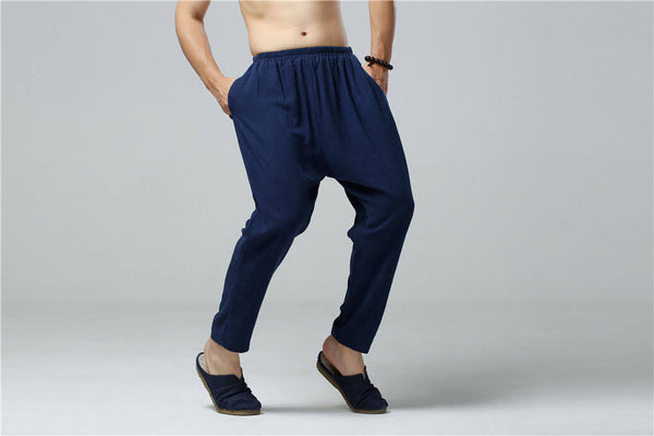 Men Casual Pure Color Cotton and Linen Straight Type Cropped Pants