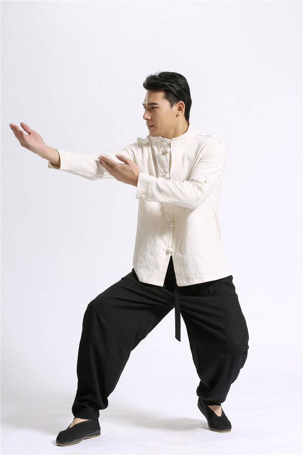 Men Casual Pure Color Loose Cotton and Linen KungFu Pants