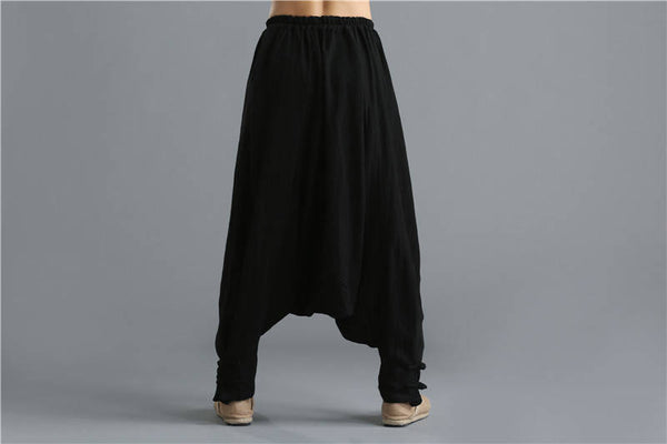 Men Casual Pure Color Loose Cotton and Linen Hanging Crotch Dancing Pants