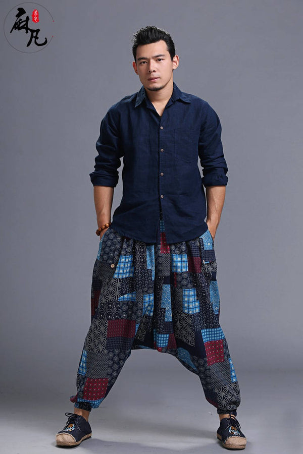 Men Casual Loose Cotton and Linen Printed Hanging Crotch Dancing Pants
