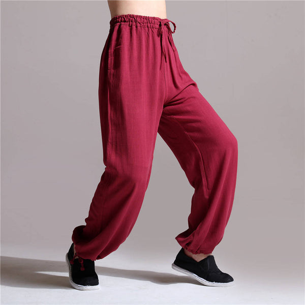 Men Casual Pure Color Loose Cotton and Linen Chinese KungFu Pants