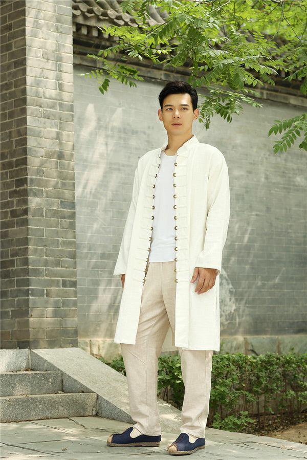 Men Asian Traditional Style KungFu Copper Buckle Linen and Cotton Tunic Coat