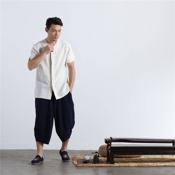 Men Casual Simple Pure Color Cotton and Linen Hanging Crotch Cropped Pants