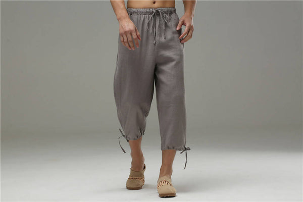 Men Casual Simple Pure Color Cotton and Linen Capri Pants