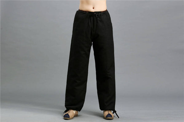 Men Casual Pure Color Cotton and Linen Loose KungFu Quilted Pants | Leg Opening with Elastic Band