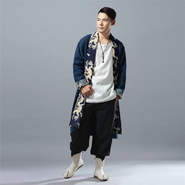 Men Eastern Style Linen and Cotton Shrugs Ponchos (Dragon Printed)