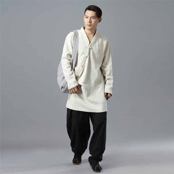 Men Asian Zen Style Long-sleeved Linen and Cotton Tunics