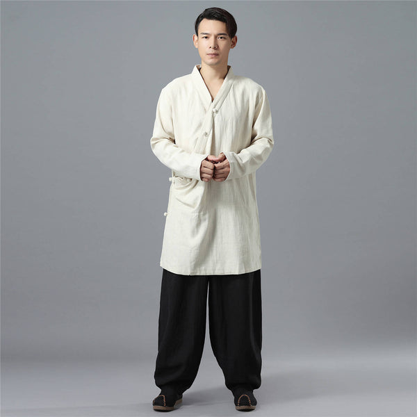 Men Asian Zen Style Long-sleeved Linen and Cotton Tunics