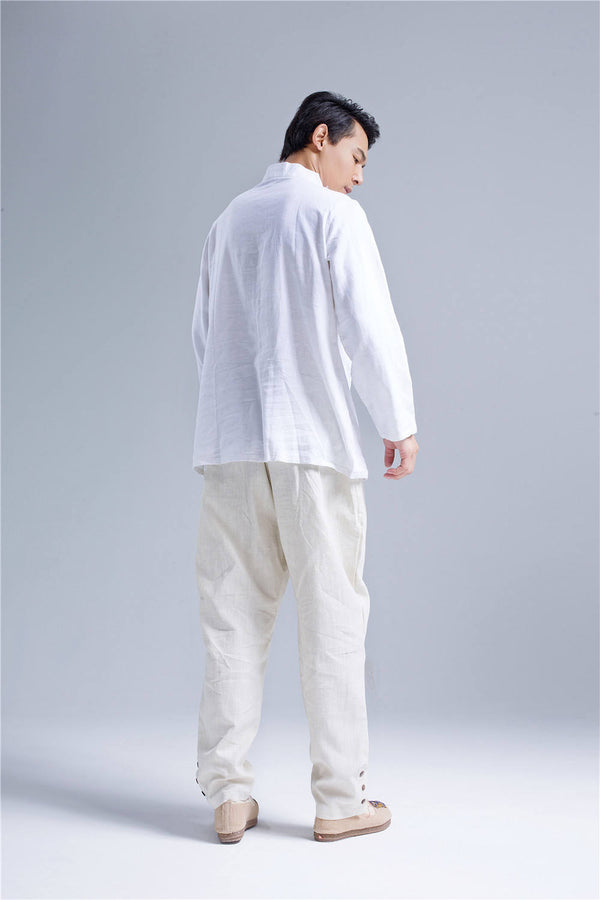 Men Zen Style Hangfu White Linen and Cotton T-shirts Tops