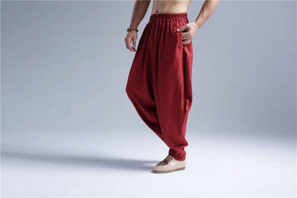 Men New Style Loose Pure Color Linen Hanging Crotch Pants