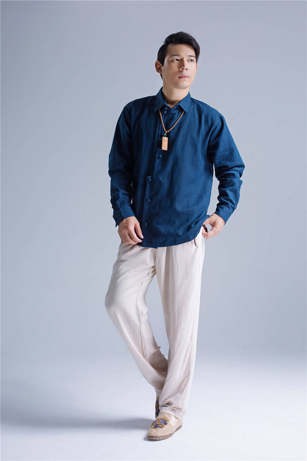 Men Asian Hanfu Style Linen and Cotton Shirt Top