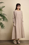 Women Zen Style Causal Round-neck Long Loose Tea Length Linen and Cotton Dress