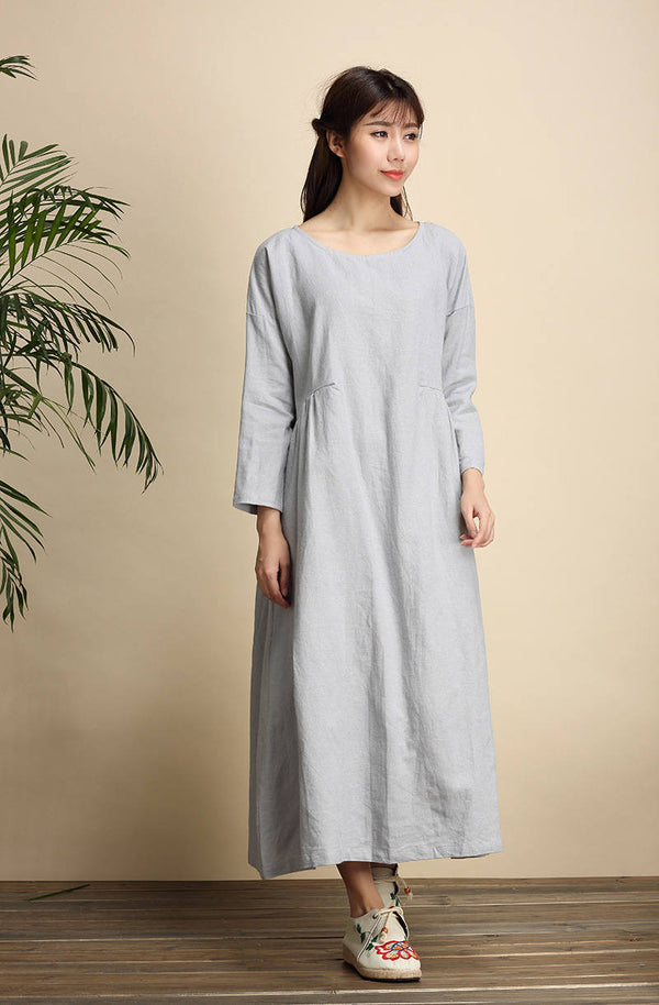 Women Zen Style Causal Round-neck Long Loose Tea Length Linen and Cotton Dress