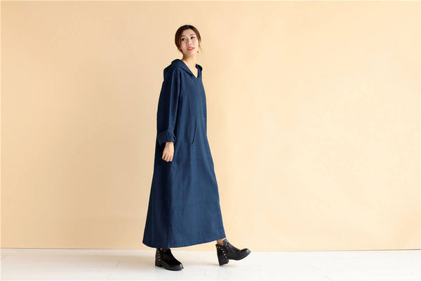 Womens Linen and Cotton Dress – Loose Coat Style Linen and Cotton Women's Tea Lenght Dress Hoodie