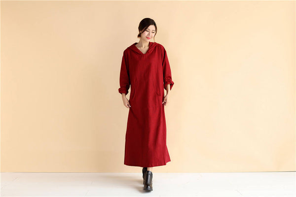 Womens Linen and Cotton Dress – Loose Coat Style Linen and Cotton Women's Tea Lenght Dress Hoodie