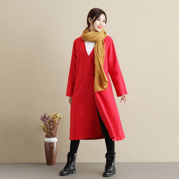 Women Asian Style Causal Long Loose Linen and Cotton Coat