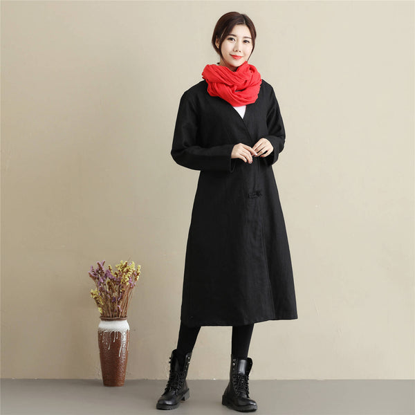 Women Asian Style Causal Long Loose Linen and Cotton Coat