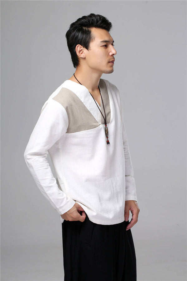 Men New Style Hangfu Tai Chi Style Linen and Cotton T-shirts Tops