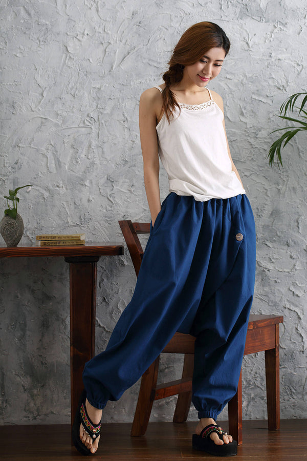 Women Casual Loose Pure Color Cotton and Linen Hanging Crotch Pants