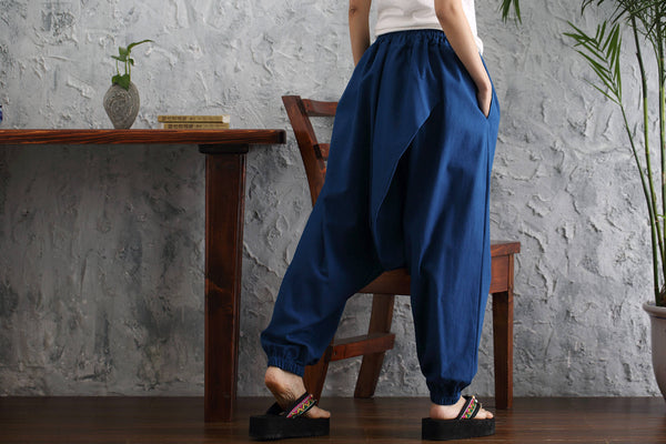 Women Casual Loose Pure Color Cotton and Linen Hanging Crotch Pants