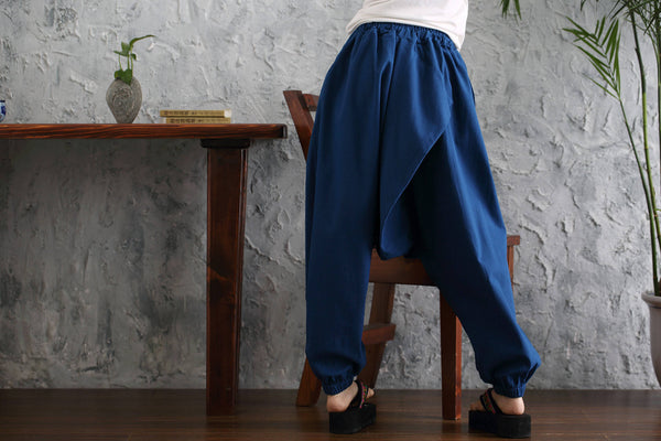 Women Casual Loose Pure Color Cotton and Linen Hanging Crotch Pants