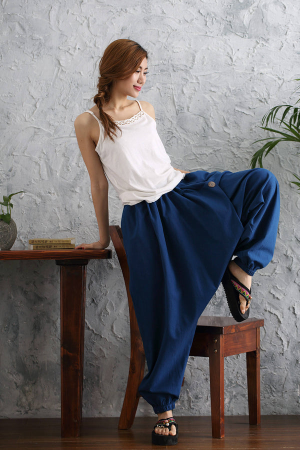 Women Casual Loose Pure Color Cotton and Linen Hanging Crotch Pants