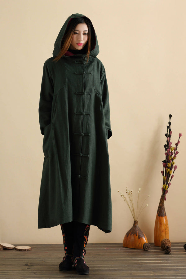 Women Simple Pure Color Witch Style Linen and Cotton Coat Hoodie