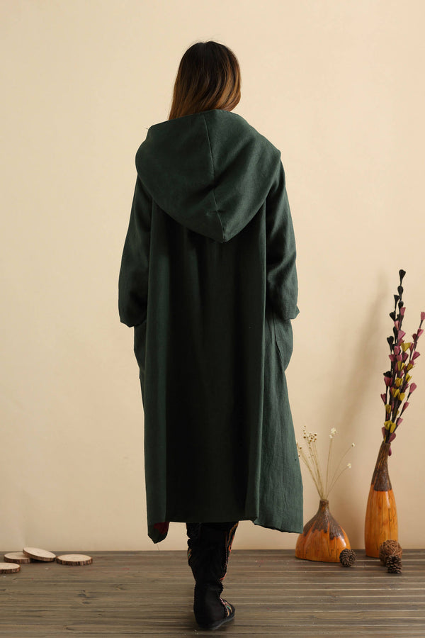 Women Simple Pure Color Witch Style Linen and Cotton Coat Hoodie