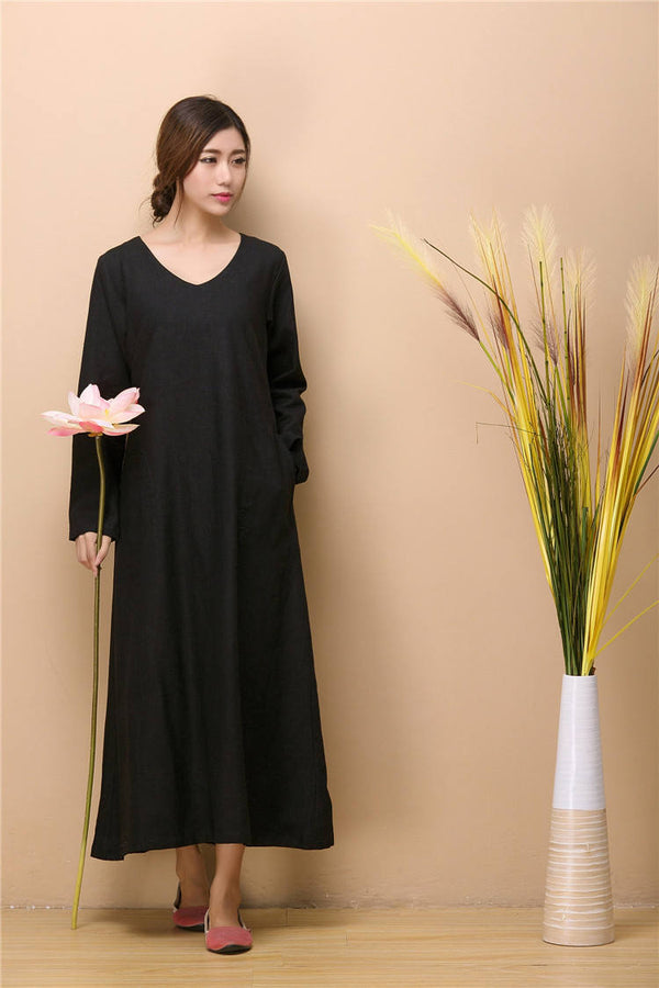 Women Simple Pure Color Hanfu Type Linen and Cotton Tea Length Dress