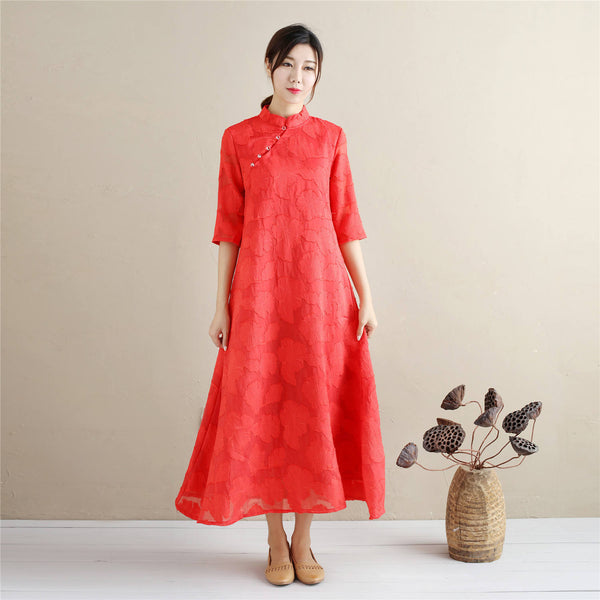 Women Eastern Style Linen and Cotton Tea Length Zen Dress