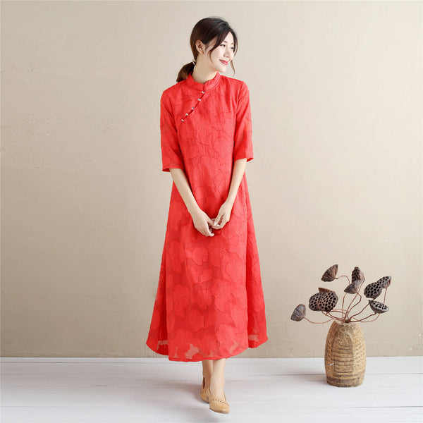 Women Eastern Style Linen and Cotton Tea Length Zen Dress