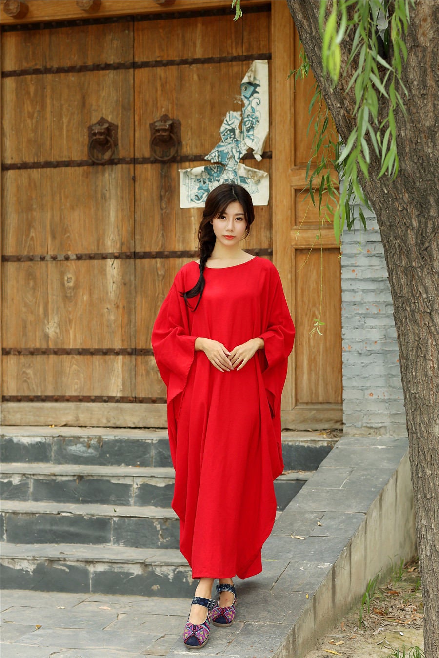 Women Eastern Style Ankle Length Butterfly Type Linen and Cotton Dress Green Women Eastern Style Ankle Length Butterfly Type Linen and Cotton Dress Green