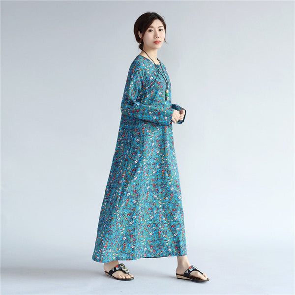 Women Eastern Style Tea Length Printed Hangfu Type Linen and Cotton Dress