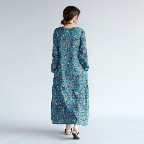 Women Eastern Style Tea Length Printed Hangfu Type Linen and Cotton Dress