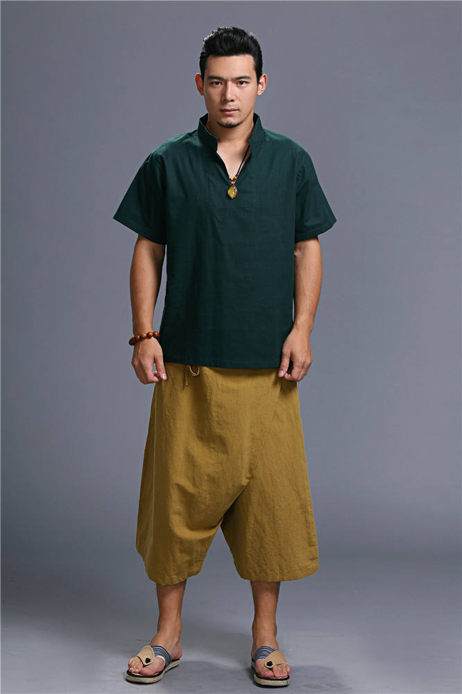 Men Loose Causal Pure Color Cotton and Linen Hanging Crotch Cropped Pants