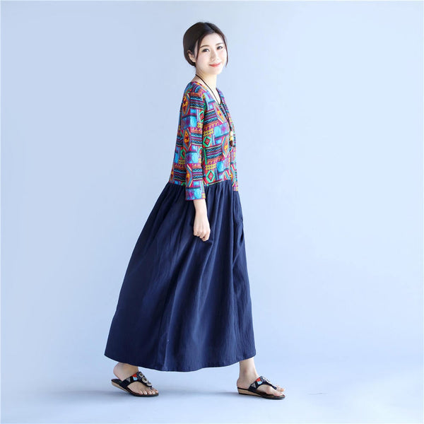 Women Asian Style Printed Causal Tea Length Linen and Cotton Dress