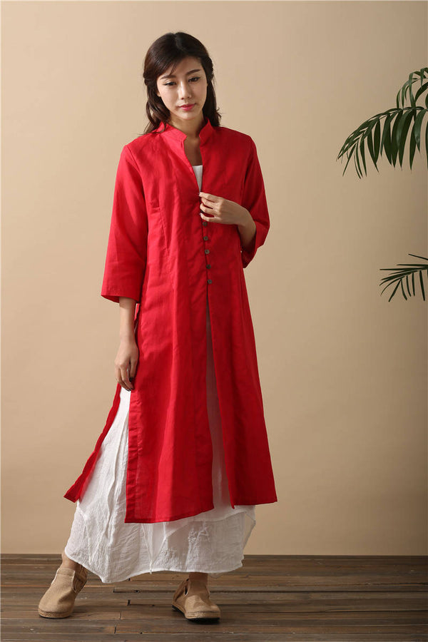 Women Cardigan Retro Buckle Collar Long sleeve Thin Linen and Cotton Dress Type Coat