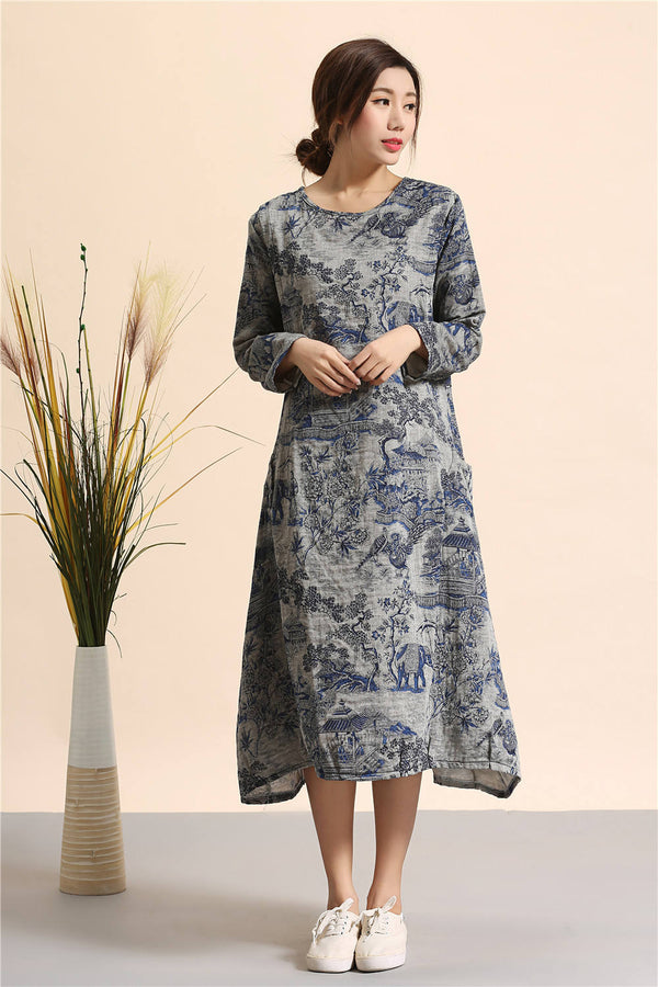 Women linen and cotton dress – Hanfu Tyle Landscape Printed Dress