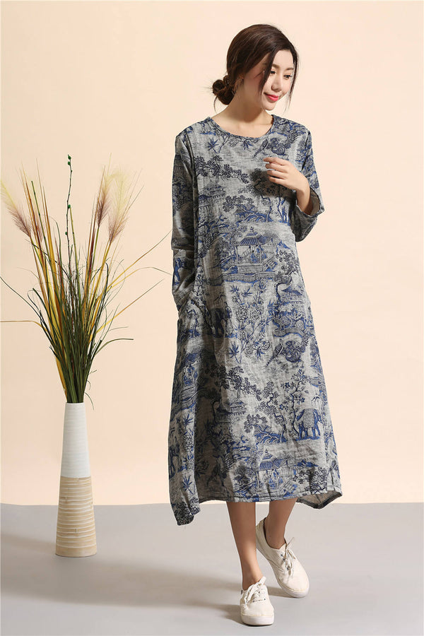 Women linen and cotton dress – Hanfu Tyle Landscape Printed Dress