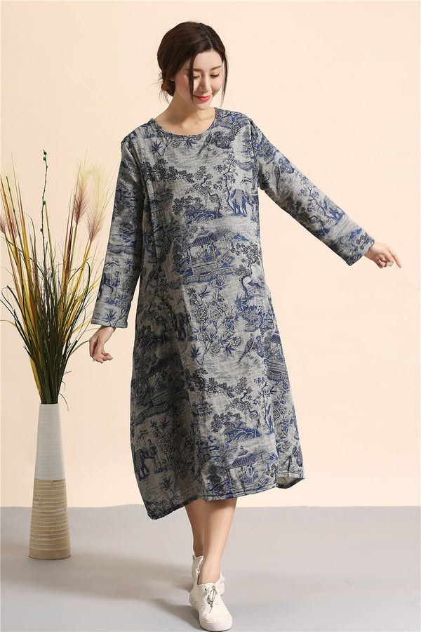 Women linen and cotton dress – Hanfu Tyle Landscape Printed Dress