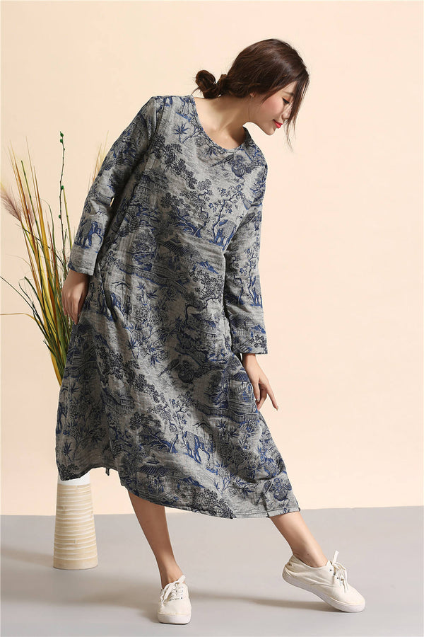 Women linen and cotton dress – Hanfu Tyle Landscape Printed Dress