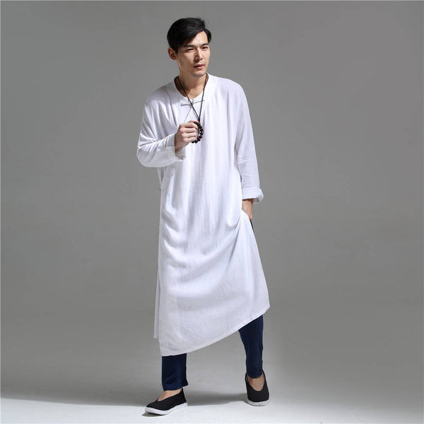 Men Chinese Traditional Causal Style Kung Fu Tai Chi Hanfu Linen and Cotton Long Cheongsam