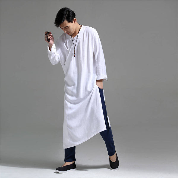 Men Chinese Traditional Causal Style Kung Fu Tai Chi Hanfu Linen and Cotton Long Cheongsam