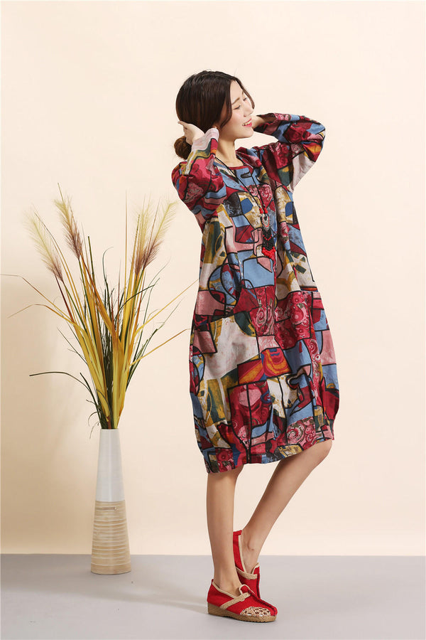 Women Eastern Style Linen and Cotton Printed Dress