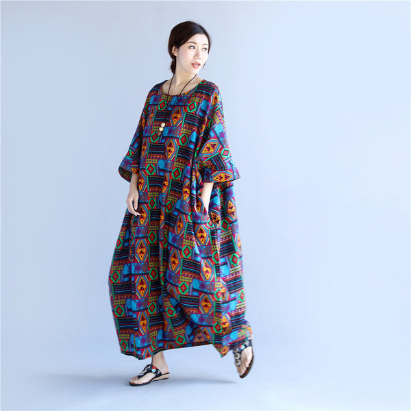 Women Linen and Cotton Reto Type Printed Ankle Length Dress