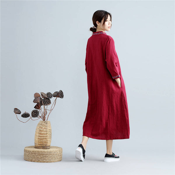 Women Reto Hanfu Type Linen and Cotton V-necked Jacquard Dress