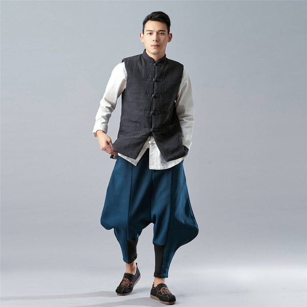 New Style Loose Pure Color Cotton and Linen Men Hanging Crotch Pants (inner layered with velvet)