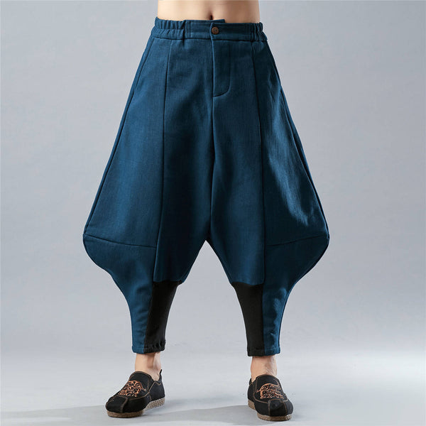 New Style Loose Pure Color Cotton and Linen Men Hanging Crotch Pants (inner layered with velvet)